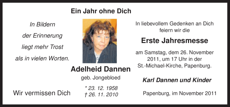  Traueranzeige für Adelheid Dannen vom 26.11.2011 aus Neue Osnabrücker Zeitung