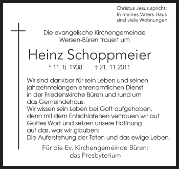 Traueranzeige von Heinz Schoppmeier von Neue Osnabrücker Zeitung