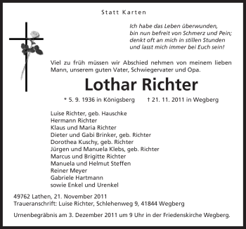 Traueranzeige von Lothar Richter von Neue Osnabrücker Zeitung