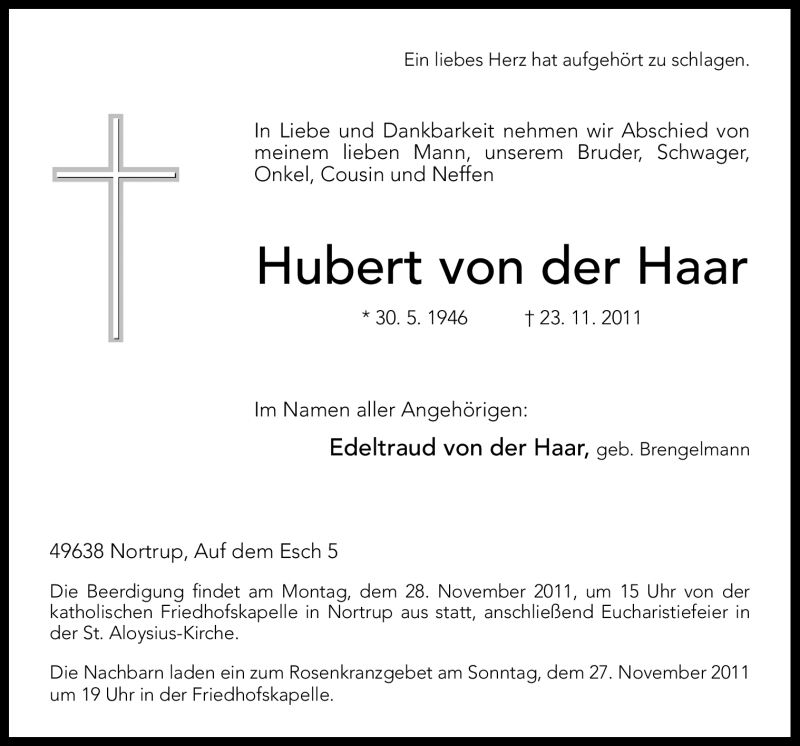 Traueranzeige für Hubert von der Haar vom 25.11.2011 aus Neue Osnabrücker Zeitung