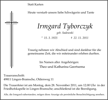 Traueranzeige von Irmgard Tyborczyk von Neue Osnabrücker Zeitung