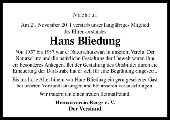 Traueranzeige von Hans Bliedung von Neue Osnabrücker Zeitung