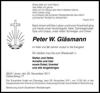 Traueranzeige von Peter W. Gläsmann von Neue Osnabrücker Zeitung