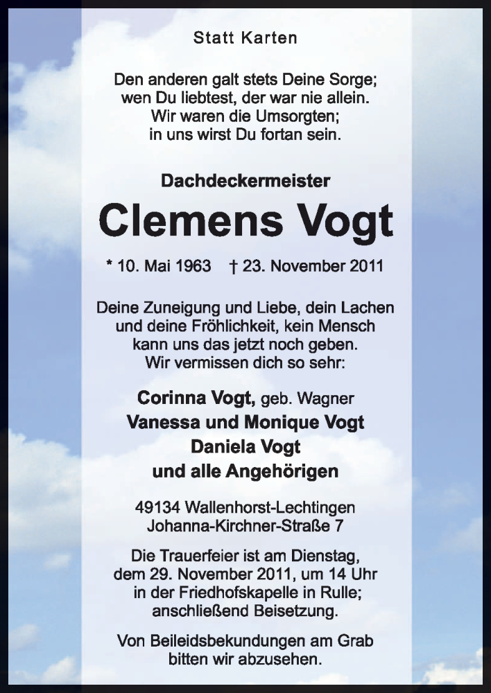  Traueranzeige für Clemens Vogt vom 26.11.2011 aus Neue Osnabrücker Zeitung