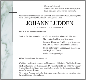 Traueranzeige von Johann Ludden von Neue Osnabrücker Zeitung