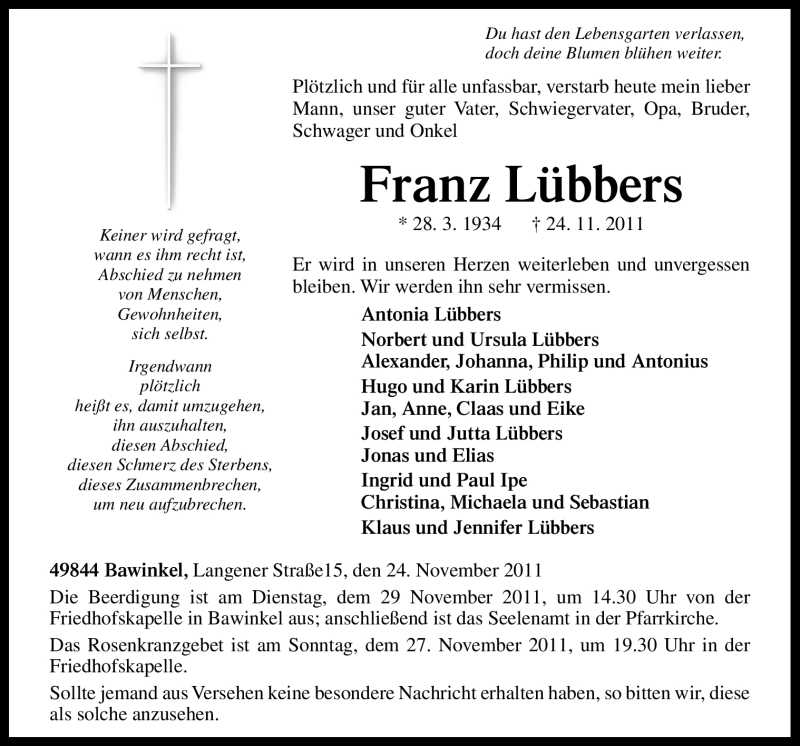  Traueranzeige für Franz Lübbers vom 26.11.2011 aus Neue Osnabrücker Zeitung