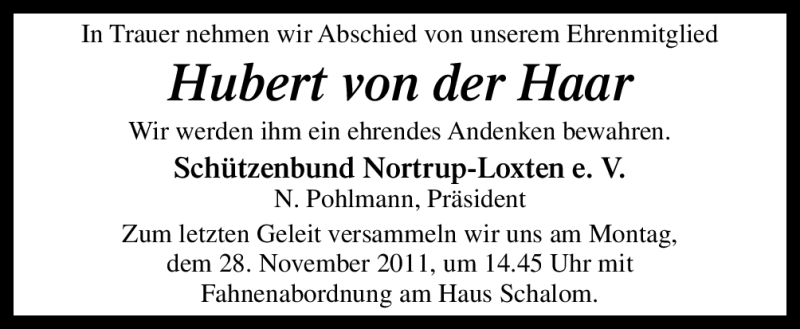  Traueranzeige für Hubert von der Haar vom 26.11.2011 aus Neue Osnabrücker Zeitung