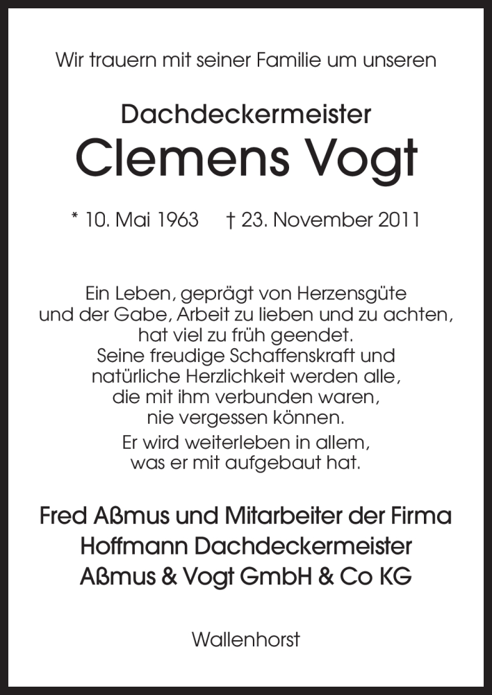  Traueranzeige für Clemens Vogt vom 26.11.2011 aus Neue Osnabrücker Zeitung