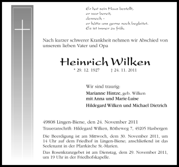 Traueranzeige von Heinrich Wilken von Neue Osnabrücker Zeitung