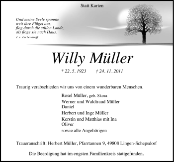 Traueranzeige von Willy Müller von Neue Osnabrücker Zeitung