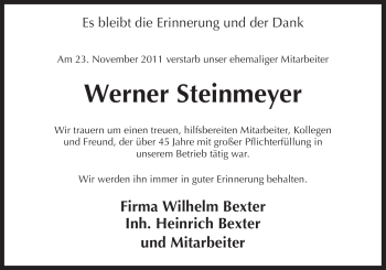Traueranzeige von Werner Steinmeyer von Neue Osnabrücker Zeitung