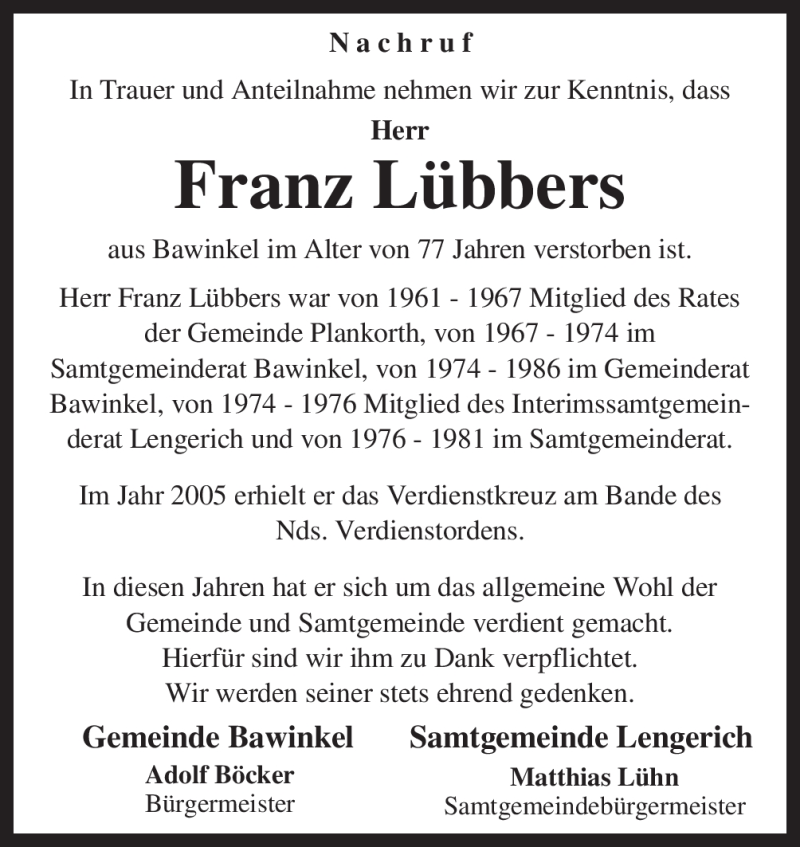  Traueranzeige für Franz Lübbers vom 29.11.2011 aus Neue Osnabrücker Zeitung