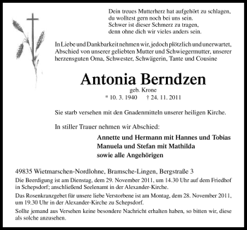 Traueranzeige von Antonia Berndzen von Neue Osnabrücker Zeitung