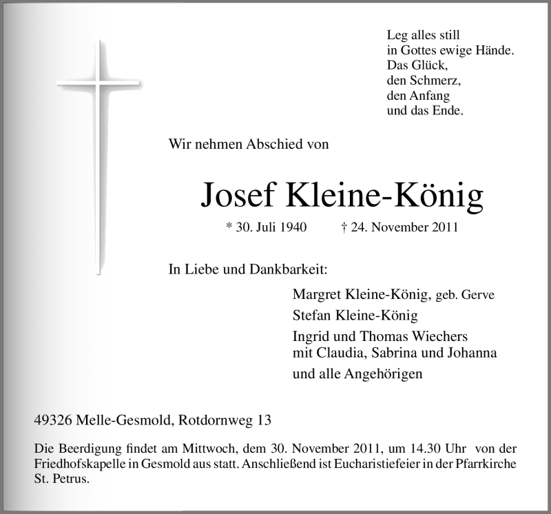  Traueranzeige für Josef Kleine-König vom 28.11.2011 aus Neue Osnabrücker Zeitung