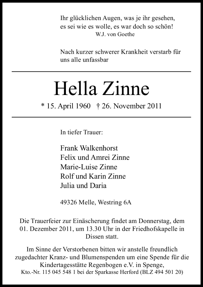 Traueranzeige für Hella Zinne vom 29.11.2011 aus Neue Osnabrücker Zeitung