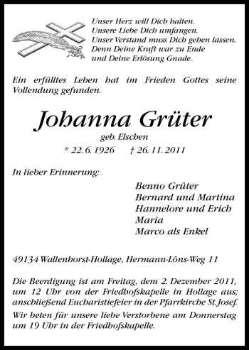 Traueranzeige von Johanna Grüter von Neue Osnabrücker Zeitung