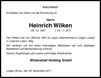 Traueranzeige von Heinrich Wilken von Neue Osnabrücker Zeitung