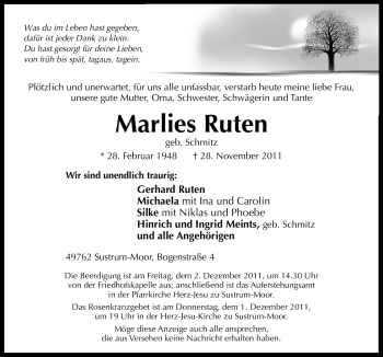 Traueranzeige von Marlies Ruten von Neue Osnabrücker Zeitung