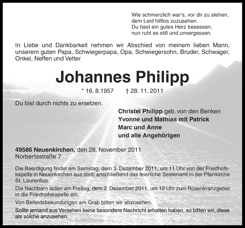  Traueranzeige für Johannes Philipp vom 30.11.2011 aus Neue Osnabrücker Zeitung