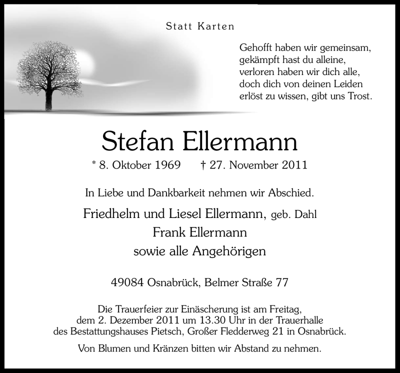  Traueranzeige für Stefan Ellermann vom 30.11.2011 aus Neue Osnabrücker Zeitung