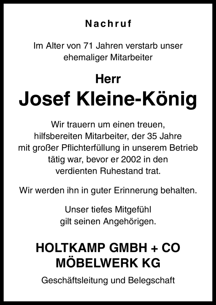  Traueranzeige für Josef Kleine-König vom 30.11.2011 aus Neue Osnabrücker Zeitung