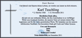 Traueranzeige von Karl Tuschling von Neue Osnabrücker Zeitung