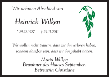 Traueranzeige von Heinrich Wilken von Neue Osnabrücker Zeitung