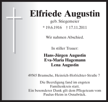 Traueranzeige von Elfriede Augustin von Neue Osnabrücker Zeitung