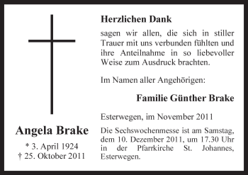 Traueranzeige von Angela Brake von Neue Osnabrücker Zeitung