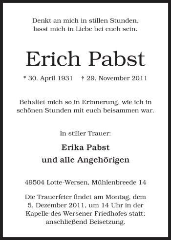 Traueranzeige von Erich Pabst von Neue Osnabrücker Zeitung