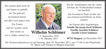 Traueranzeige von Wilhelm Schlömer von Neue Osnabrücker Zeitung