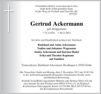 Traueranzeige von Gertrud Ackermann von Neue Osnabrücker Zeitung