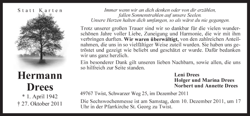  Traueranzeige für Hermann Drees vom 07.12.2011 aus Neue Osnabrücker Zeitung
