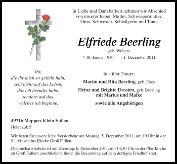 Traueranzeige von Elfriede Beerling von Neue Osnabrücker Zeitung