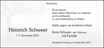 Traueranzeige von Heinrich Schweer von Neue Osnabrücker Zeitung