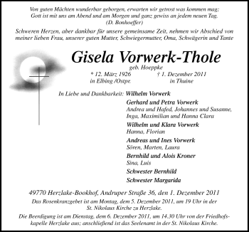 Traueranzeige von Gisela Vorwerk-Thole von Neue Osnabrücker Zeitung