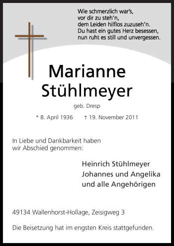 Traueranzeige von Marianne Stühlmeyer von Neue Osnabrücker Zeitung