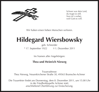 Traueranzeige von Hildegard Wiersbowsky von Neue Osnabrücker Zeitung