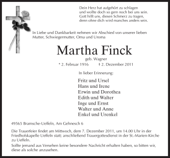 Traueranzeige von Martha Finck von Neue Osnabrücker Zeitung