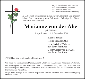 Traueranzeige von Marianne von der Ahe von Neue Osnabrücker Zeitung