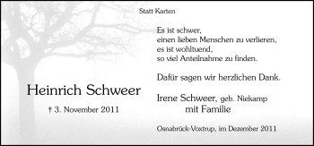 Traueranzeige von Heinrich Schweer von Neue Osnabrücker Zeitung