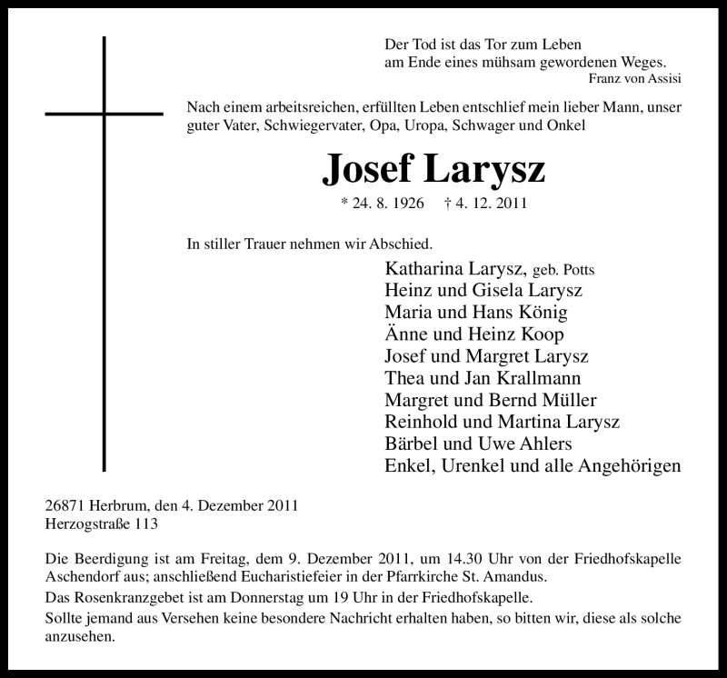  Traueranzeige für Josef Larysz vom 06.12.2011 aus Neue Osnabrücker Zeitung