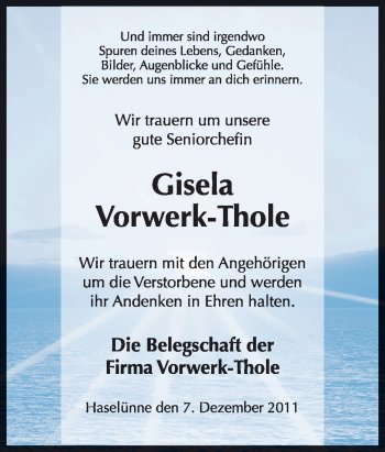 Traueranzeige von Gisela Vorwerk-Thole von Neue Osnabrücker Zeitung