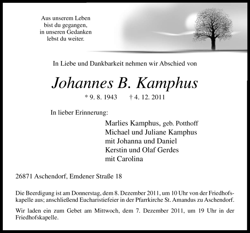  Traueranzeige für Johannes B. Kamphus vom 06.12.2011 aus Neue Osnabrücker Zeitung