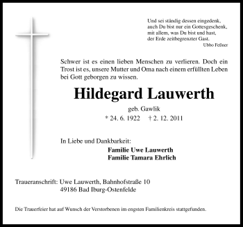 Traueranzeige von Hildegard Lauwerth von Neue Osnabrücker Zeitung