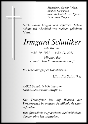 Traueranzeige von Irmgard Schnitker von Neue Osnabrücker Zeitung