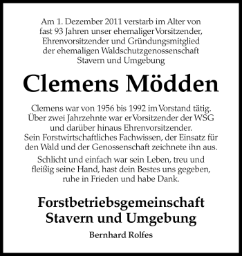 Traueranzeige von Clemens Mödden von Neue Osnabrücker Zeitung