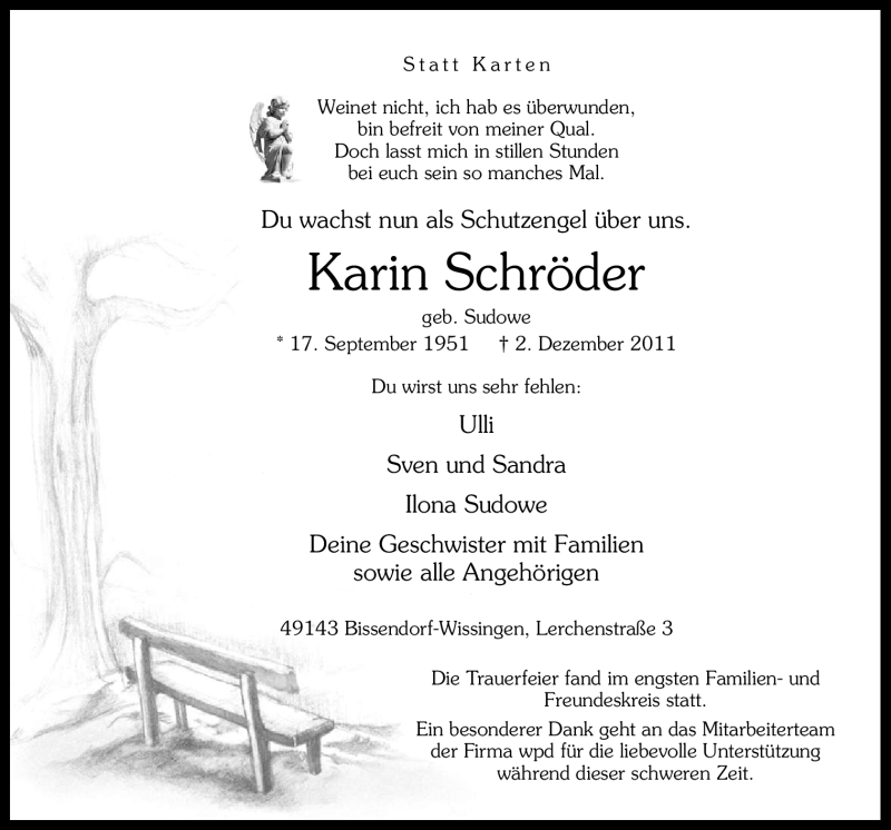  Traueranzeige für Karin Schröder vom 08.12.2011 aus Neue Osnabrücker Zeitung