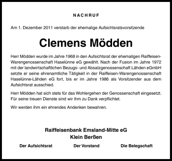 Traueranzeige von Clemens Mödden von Neue Osnabrücker Zeitung