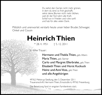 Traueranzeige von Heinrich Thien von Neue Osnabrücker Zeitung